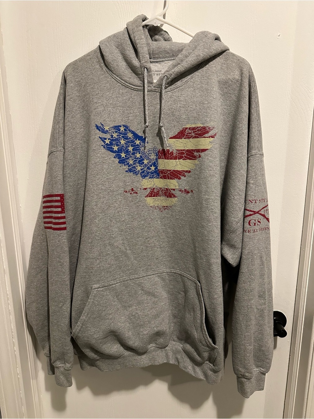 Grunt Style Gray Hoodie with Distressed American Eagle Graphic